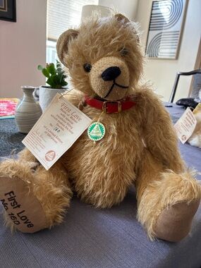 Hermann Lange Golden Brown Mohair Teddy with Red Collar